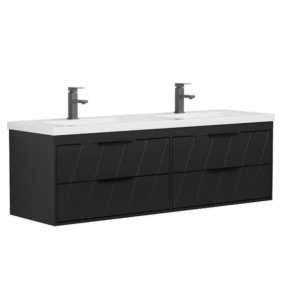 60 in. W x 18.1 in. D x 18.1 in. H 2-Sink Wall Mounted Bath Vanity in Black with White Resin Top and Drain Faucet Set