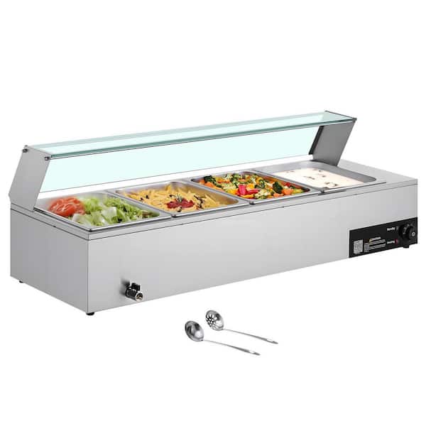 VEVOR 4-Pan Commercial Food Warmer, 4 x 8 qt. Electric Table with Glass Cover, 1500W Countertop 86-185°F Temp Control