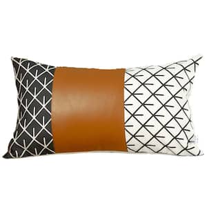 Brown Boho Handcrafted Vegan Faux Leather Lumbar Abstract Geometric 12 in. x 20 in. Throw Pillow Cover