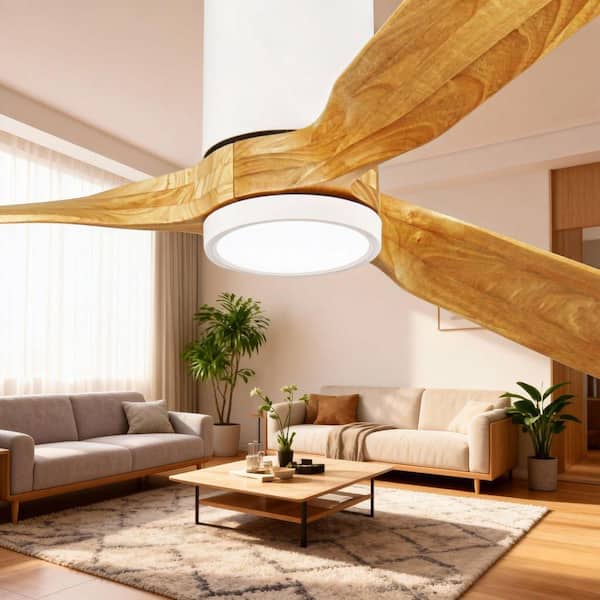 60 in. Smart APP White Indoor Solid Wood Brown Blades Flush Mount Standard Ceiling Fan with 3-Color Dimmable LED Light