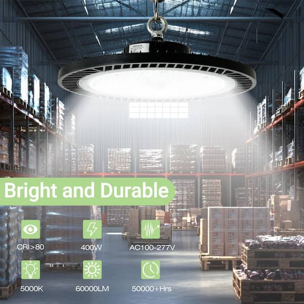 4-Pack 400W Black UFO LED High Bay Light 5000K 60000LM with Plug AC100-277V Commercial Lighting for Warehouse/Shop/Barn