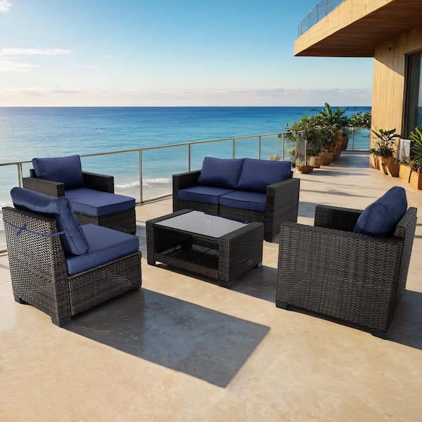 Unbranded 7-Piece Brown Wicker Outdoor Sectional, Rattan Outdoor Patio Set with Dark Blue Cushions, Ottoman and Coffee Table