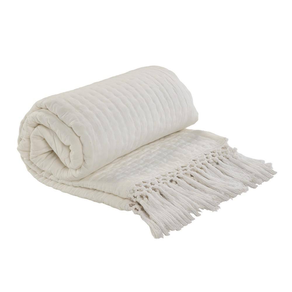 Ivory Cotton Reversible Throw Blanket with Fringe