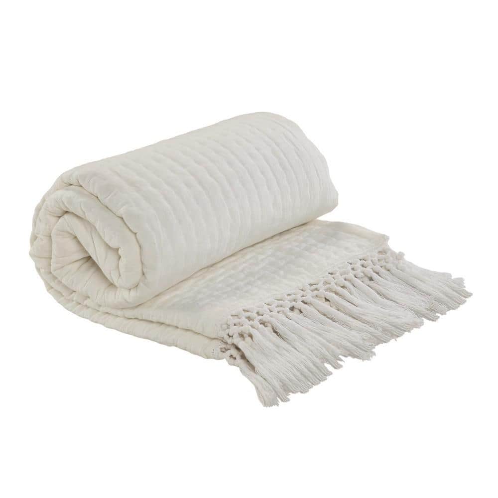 Ivory Cotton Reversible Throw Blanket with Fringe