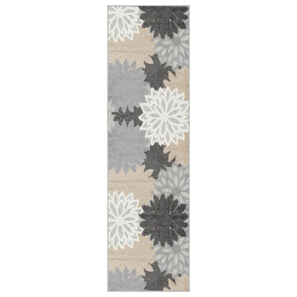 Floral Design Indoor/Outdoor High-Low Textured Runner Rug, Floral, Easy-Clean Patio Rug 2 ft. x 7 ft. Gray