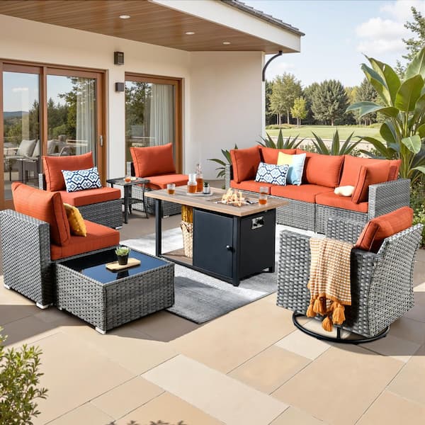 Toject Sanibel Gray 10-Piece Wicker Patio Conversation Sofa Set with a Swivel Chair, a Storage Fire Pit and Orange Red Cushions
