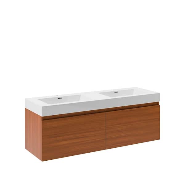 Mezzo 60 in. Modern Wall Hung Bath Vanity in Teak with Double Vanity Top in White with White Basins