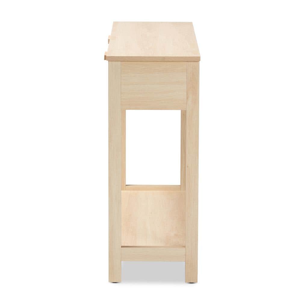 Light Brown Wood Console Table with Rattan Drawers and Shelf