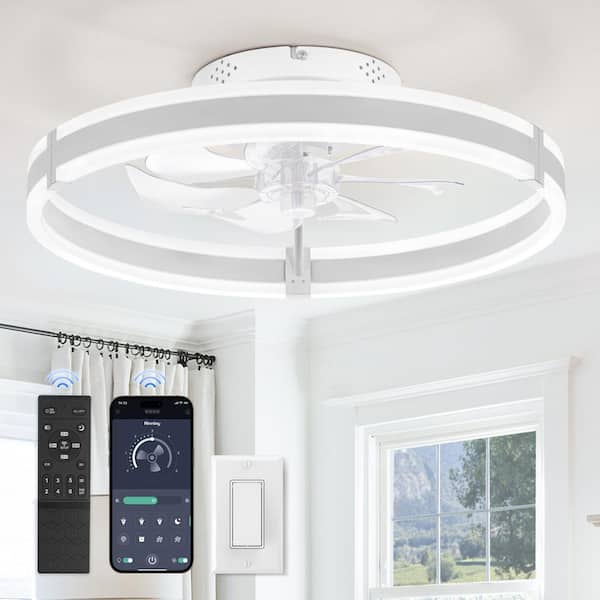 20 in. White Indoor Dimmable LED Fandelier Modern Flush Mount 6-speed Low Profile Ceiling Fan with Lights and Remote