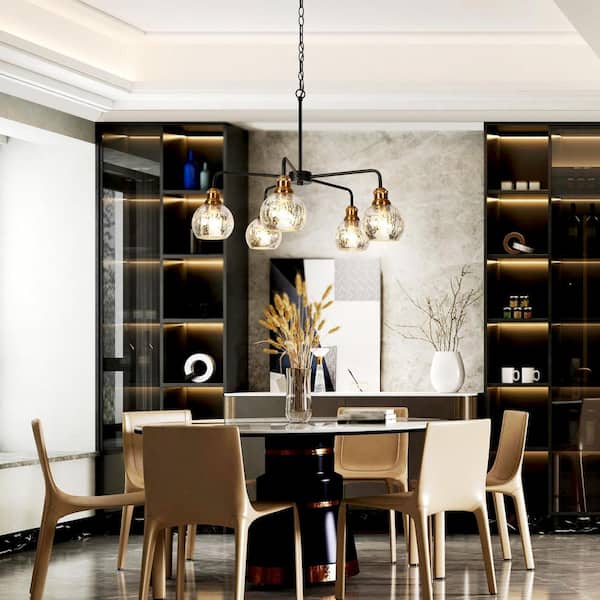 Transitional Dining Room Candlestick Chandelier 5-Light Black and Brass Chandelier with Mercury Glass Shades