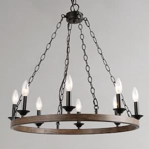 Industrial 8-Light Black Dining Room Wagon Wheel Candle Chandelier with Wood Accents
