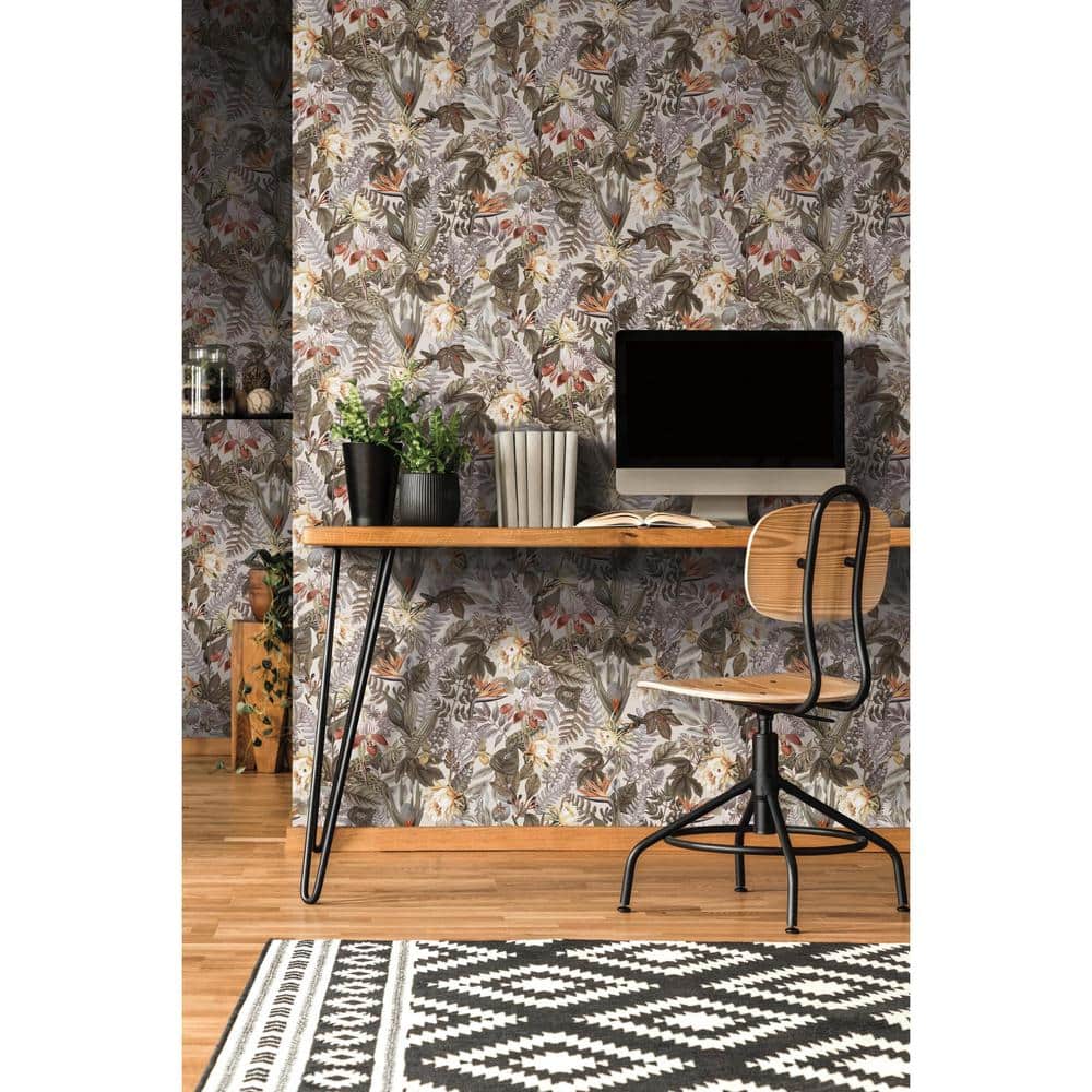 Beige and Green Vinyl Tropical Floral Peel and Stick Wallpaper Roll