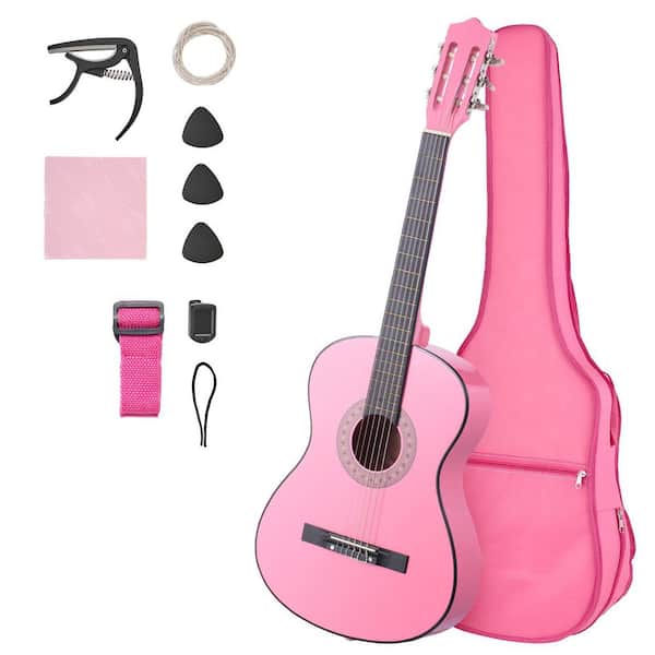 Classical Guitar, 38 in. Wood Classical Guitar Starter Kit for Beginners, with Nylon Strings, Gig Bag, Strap, Pink