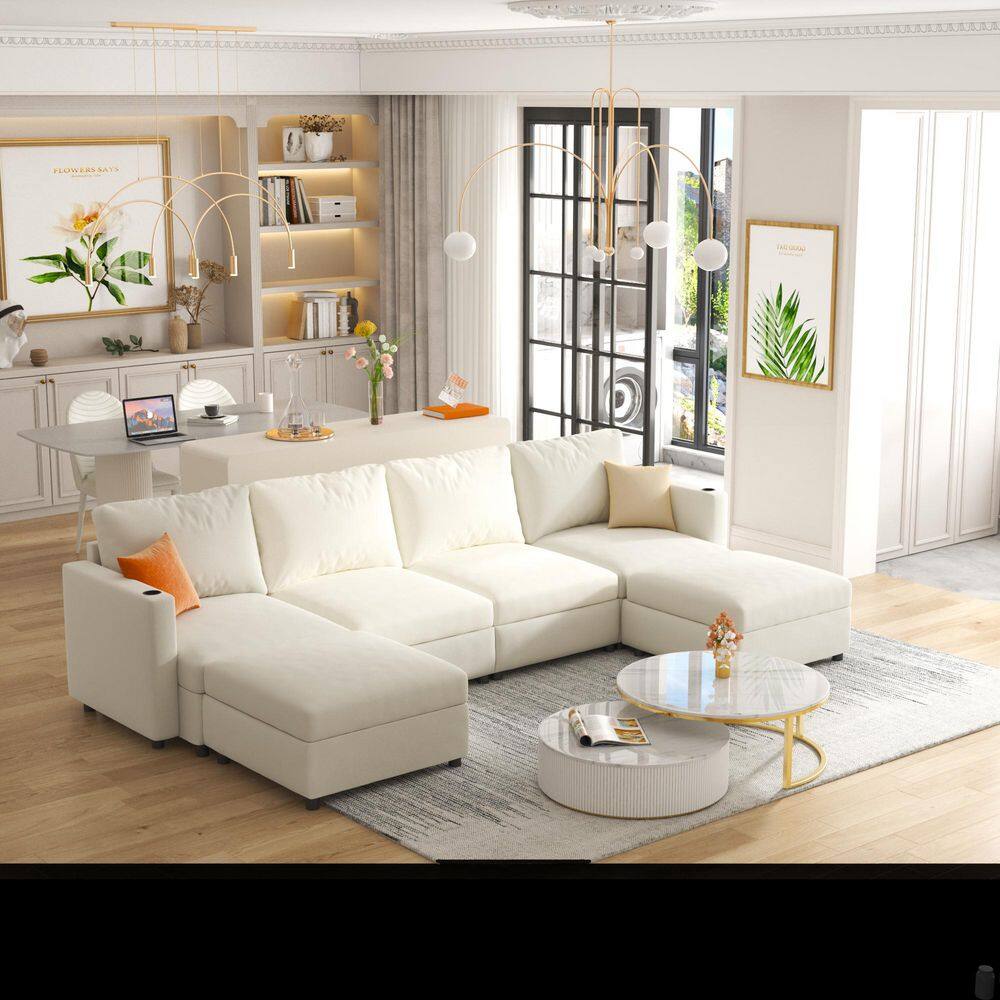 Quinn 123.6 in. Polyester Fabric U-Shaped Sectional Sofa in Antique White with 2 Storage Ottomans