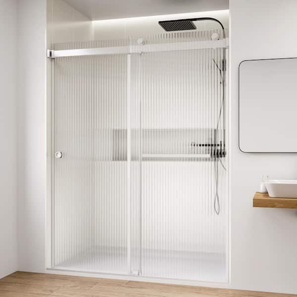 Fluted / Reeded Glass 72 in. W x 76 in. H Double Sliding Frameless Bath Shower Door in Brushed Nickel