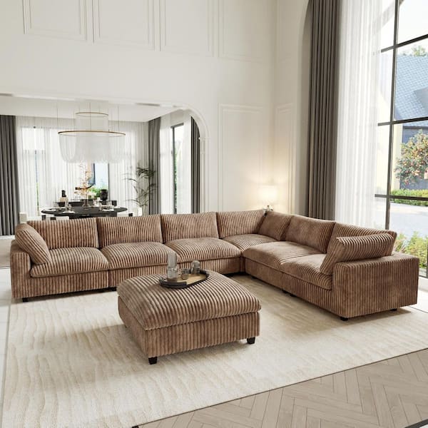 Magic Home Modern Cloud Couch 157 in. Square Arm Faux Rabbit Fur Velvet Modular Sofa with Ottoman, Washable Covers in. Brown