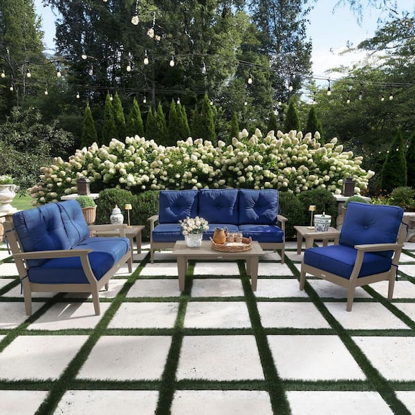 Lehigh Woodland Brown 6-Piece Grand Deep Seating Patio Conversation Set with Sunbrella Spectrum Indigo Cushions