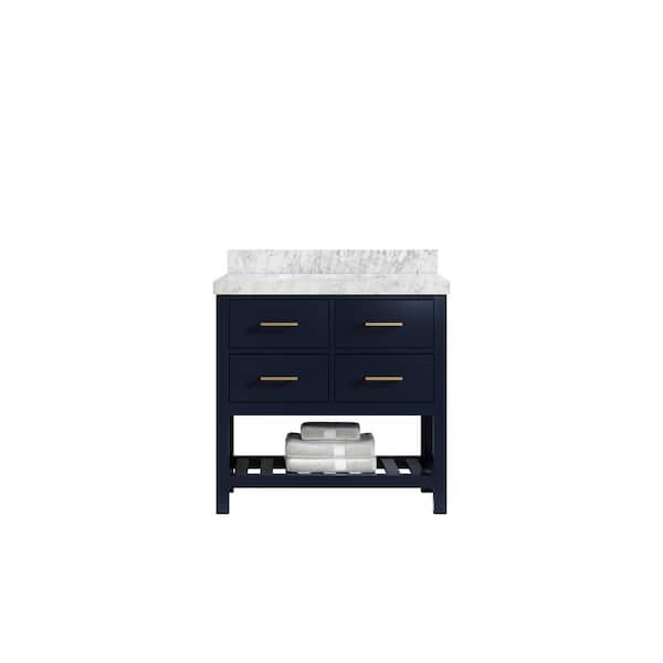 Willow Collections Parker 36 in. W x 22 in. D x 36 in. H Center Sink Bath Vanity in Navy Blue with 2 in. Carrara Marble Top