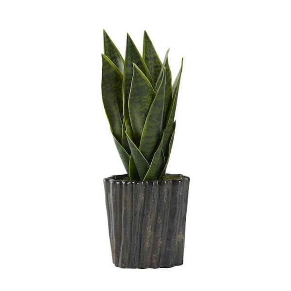 D&W Silks Indoor Artificial Mother-in-Law's Tongue in Ceramic Planter with Braided Detail