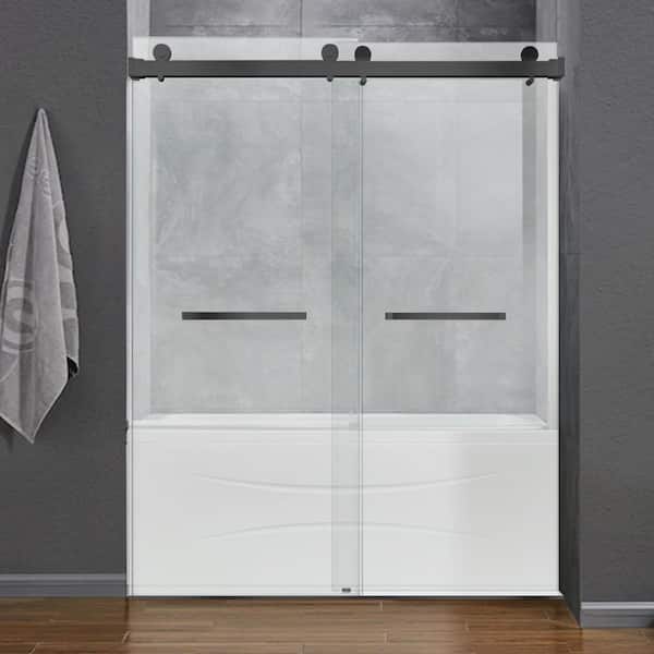 ANGELES HOME 56 in.-60 in. W x 76 in. H Double Sliding Frameless Shower Door Matte Black w/Smooth Sliding,3/8 in.(10mm)Tempered Glass
