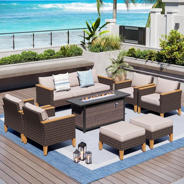 PHI VILLA Brown Rattan Wicker 9 Seat 10-Piece Steel Outdoor Patio Conversation Set with Beige Cushions,Rectangular Fire Pit Table