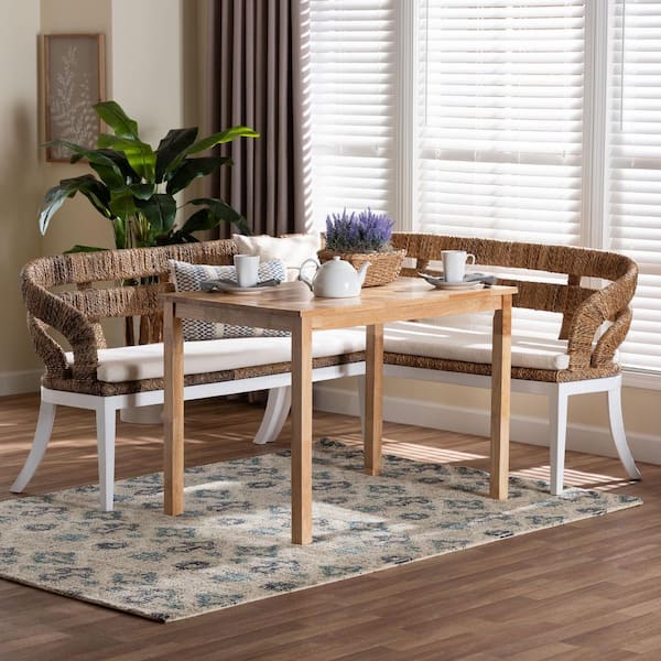 Ubud 3-Piece Natural Brown Seagrass and Wood Top Dining Set Seats 3