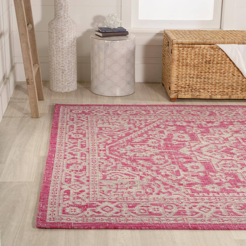 Fuchsia and Light Gray Medallion Synthetic 8' x 10' Area Rug