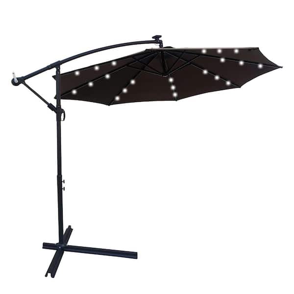 Runesay 10 ft. Outdoor Patio Beach Market Solar Powered LED Lighted Umbrella in Chocolate with 8 Ribs Crank and Cross Base