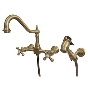 Heritage 2-Handle Wall-Mount Standard Kitchen Faucet with Side Sprayer in Antique Brass