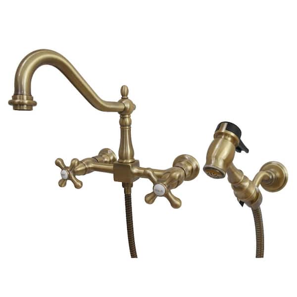 Kingston Brass Heritage 2-Handle Wall-Mount Standard Kitchen Faucet with Side Sprayer in Antique Brass