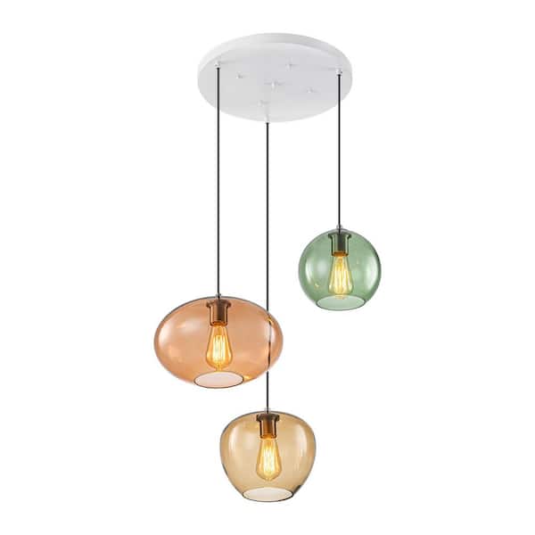 Dicino 3-Light Contemporary Vintage Cluster White Pendant Light with Colored Glass Shades