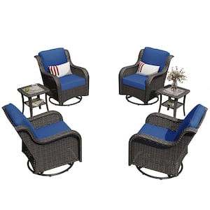 Aditi Brown 6-Piece Wicker Patio Conversation Seating Sofa Set with Navy Blue Cushions and Swivel Rocking Chairs