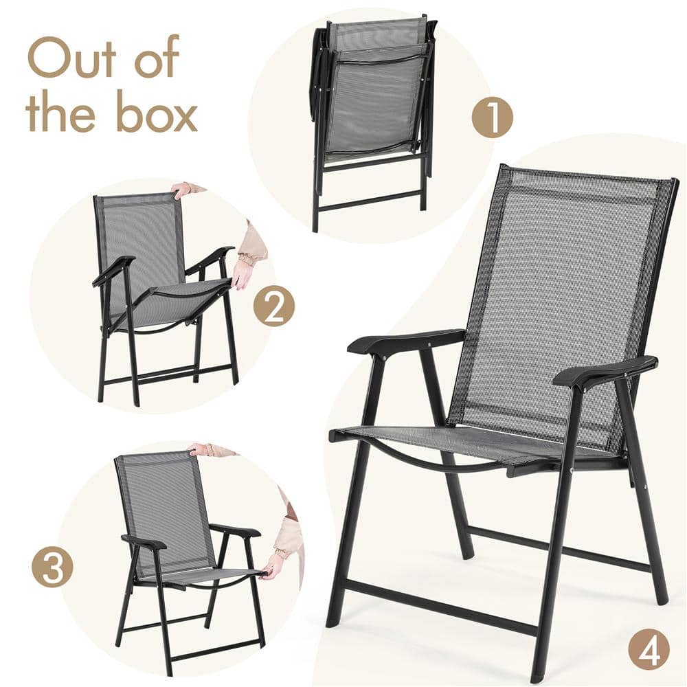 Gray Steel Folding Arm Dining Chairs, Set of 2
