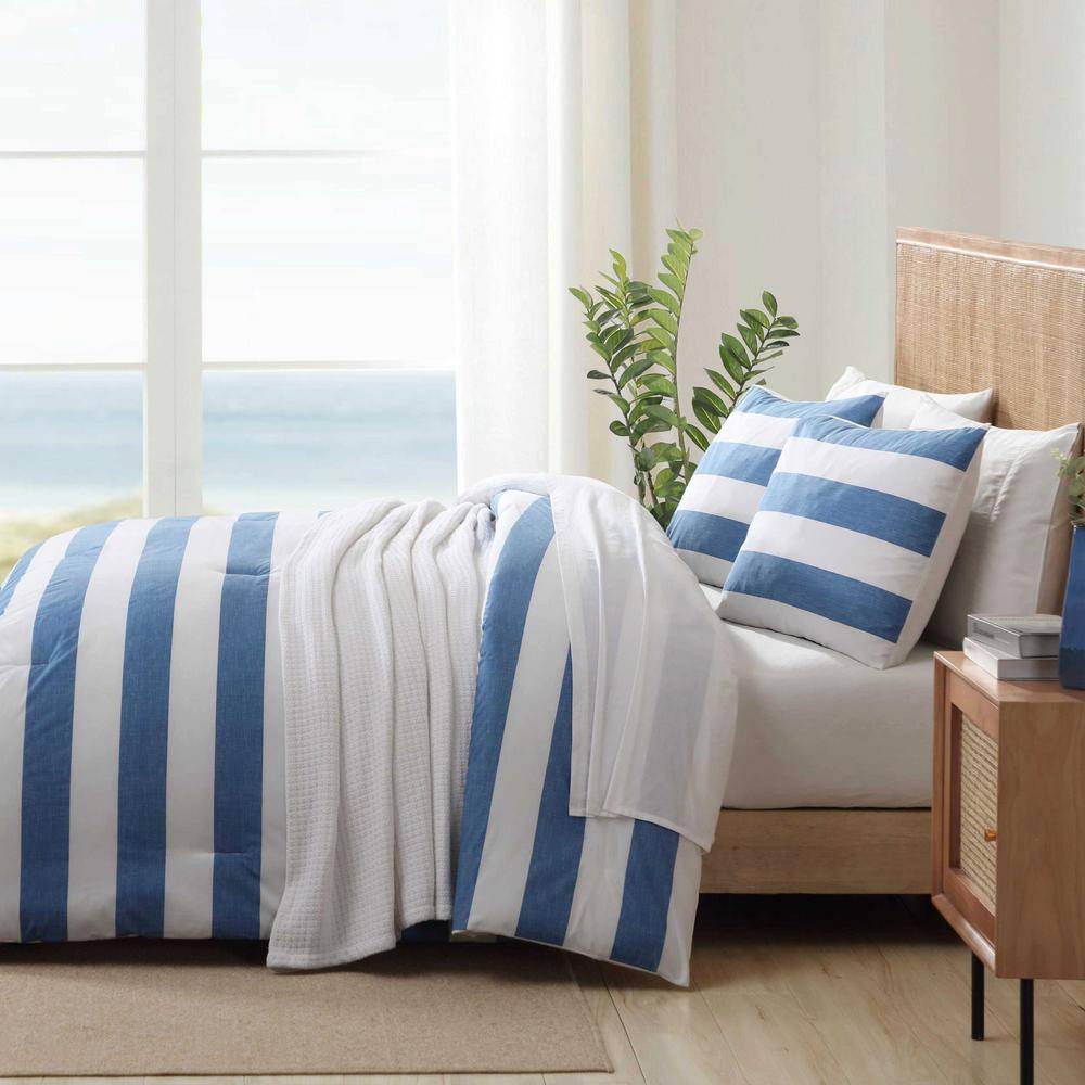 Blue and White Cotton Full Duvet Cover Set with Shams