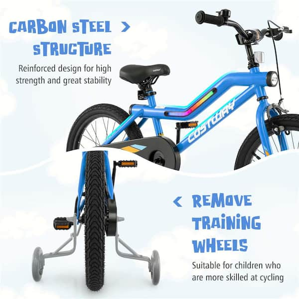 Costway 18 in. LED Lighted Kids Bike with Adjustable Seat Coaster Brake Training Wheels Blue HCST04183 The Home Depot