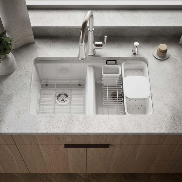 Riverby Undermount Cast Iron 33 in. 5-Hole Double Bowl Kitchen Sink Kit in White with Accessories