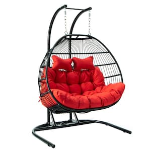 Wicker 2-Person Double Folding Hanging Egg Swing Chair Porch Swing with Red Cushions