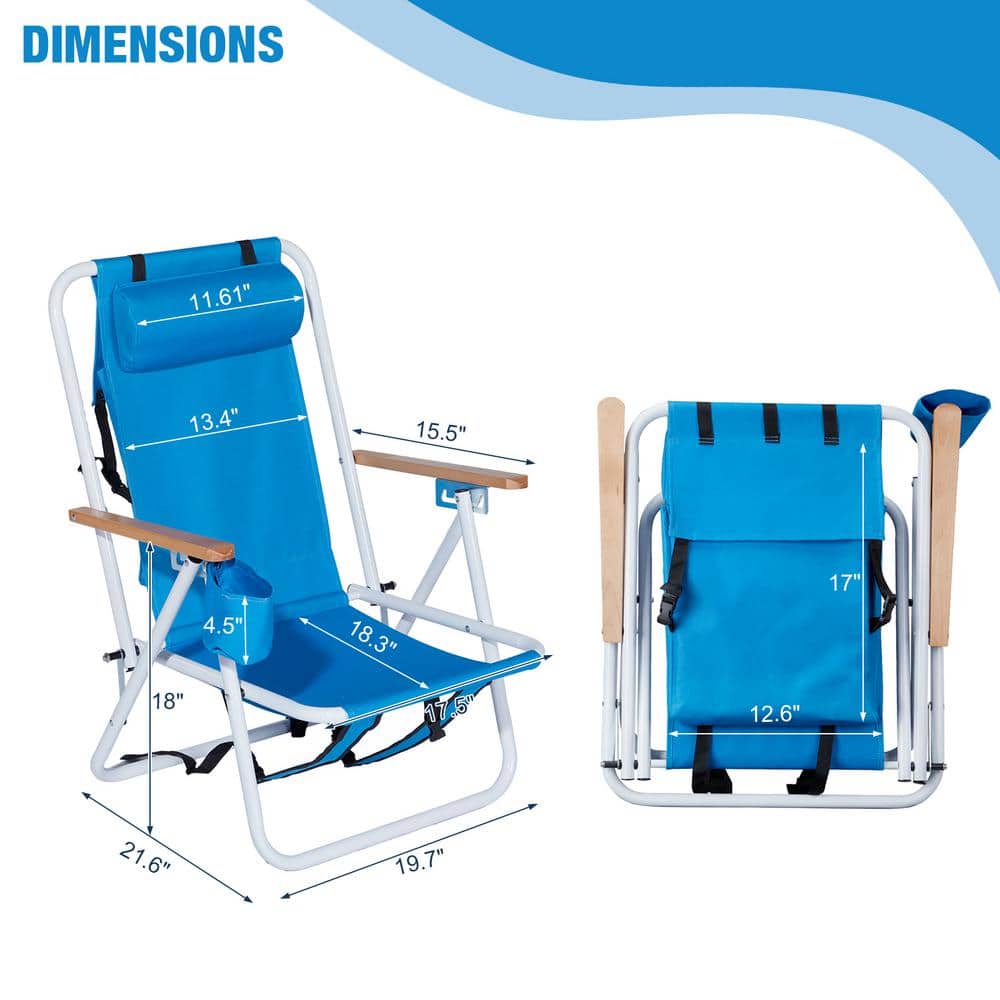 Blue Steel Folding Beach Armchair Set with Wooden Armrests