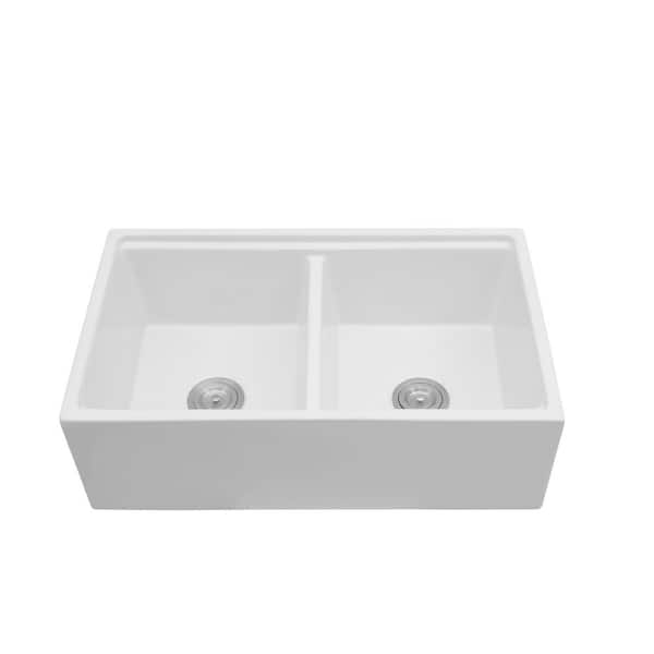 33 in. Drop-in 50/50 Double Bowl No Gauge Applicable White Ceramic Sink and Drain
