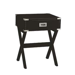 16 in. W Black Square Wood End Table/Nightstand with Storage Drawer, Metal Corner Strapping and Flush Mount Drawer Pull