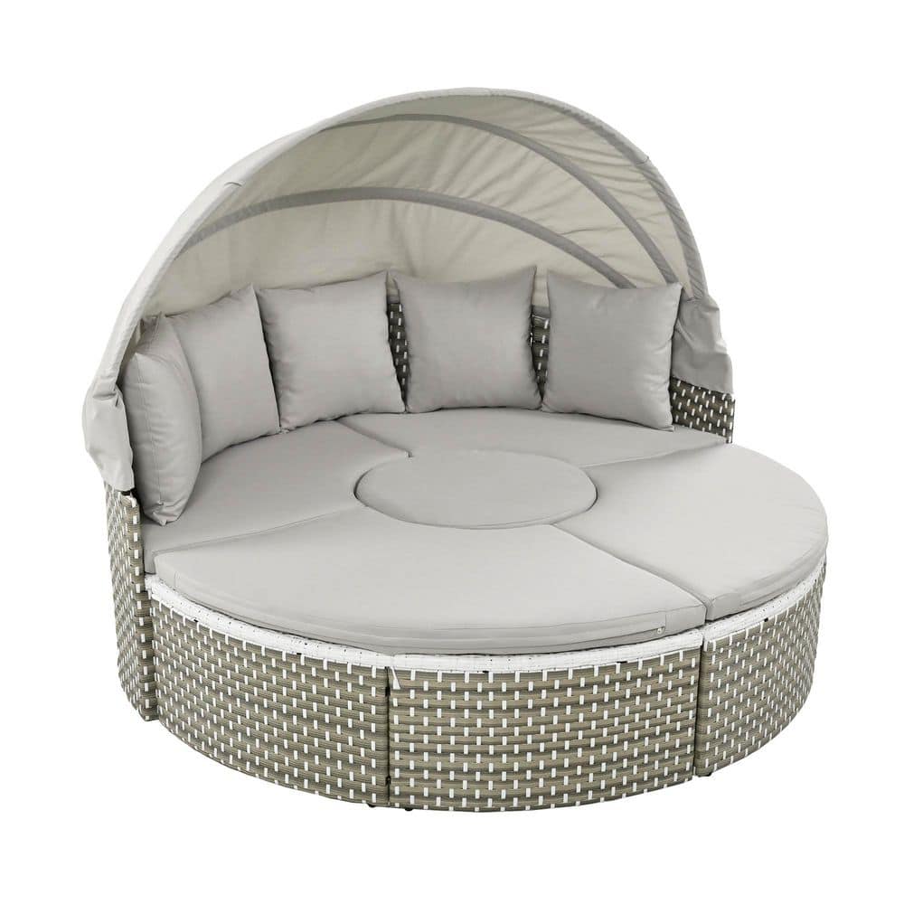 Gray Metal Outdoor Day Bed, 2-Tone Weave Sunbed with Retractable Canopy, Se