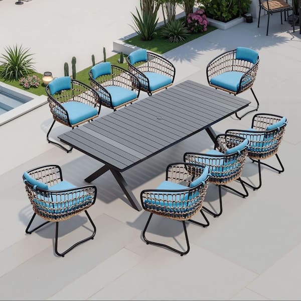 Black 9-Piece 94 in. Wood-Like Aluminum Patio Outdoor Dining Set with Faux Rattan Wicker Blue Cushion Chairs