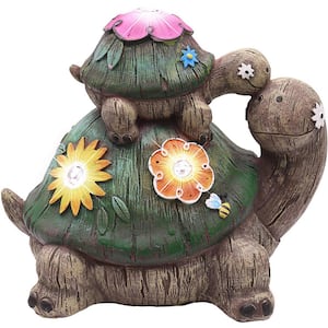 1-Light 6.7 in. Integrated LED Solar Powered Wood Look Turtle with Bee and Flowers