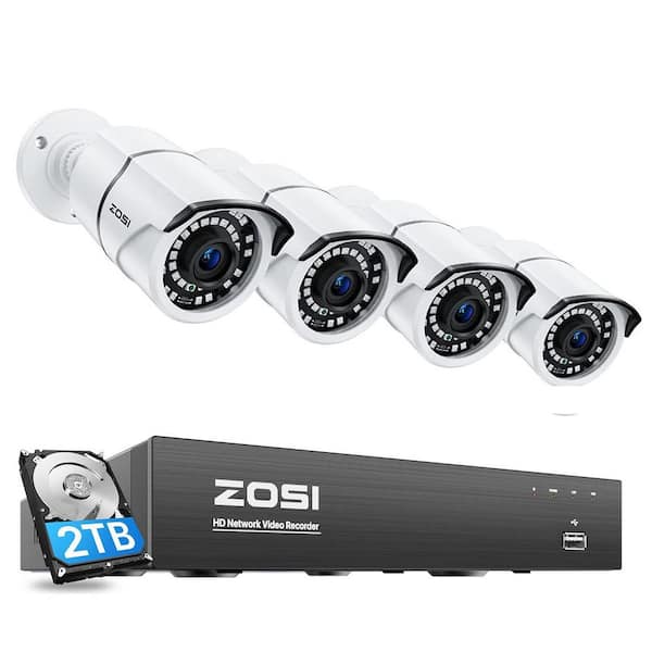 ZOSI 4K 8-Channel POE 2TB NVR Security System with 4-Wired 5MP Outdoor Bullet Cameras, 120 ft. Night Vision