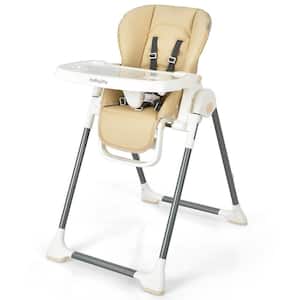 Foldable Beige Baby High Chair with Double Removable Trays and Book Holder