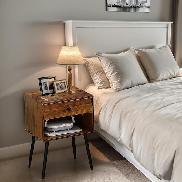 VECELO Nightstands (Set of 2), Industrial 2-Tier Wood End