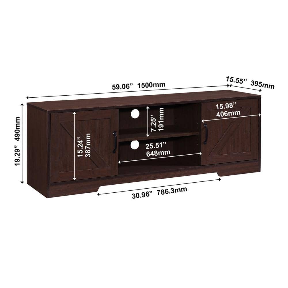 Walnut 59" Farmhouse TV Stand with Sliding Barn Doors