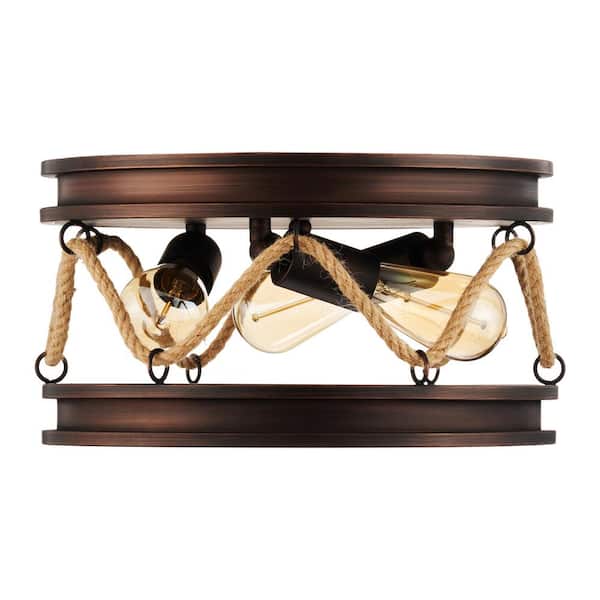 Merra 13.4 in. 3-Light Brown Farmhouse Flush Mount with Rope and Metal Frame