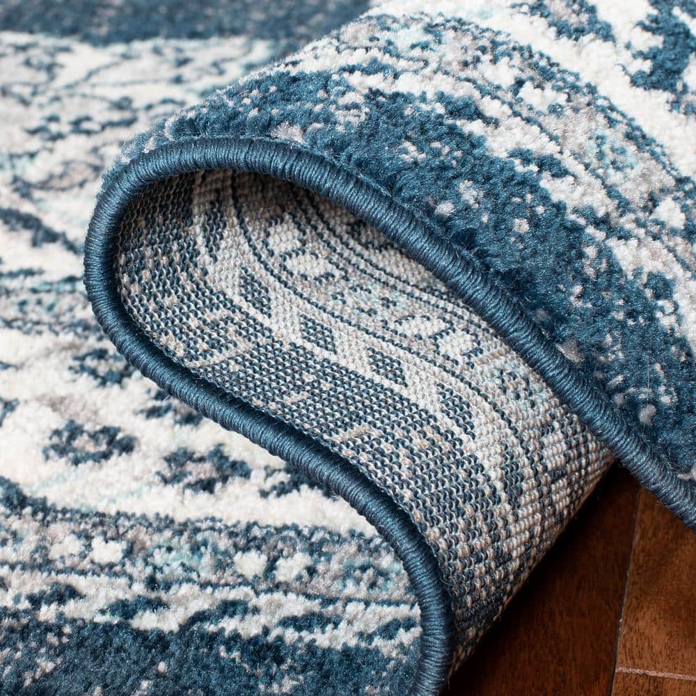 Navy and Cream Floral Motif Medium Pile Area Rug