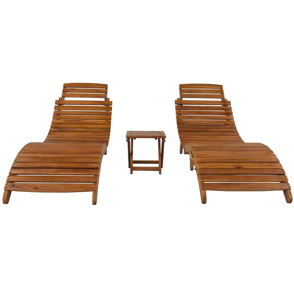 Brown Wood Outdoor Patio Portable Extended Chaise Lounge Set with Foldable 